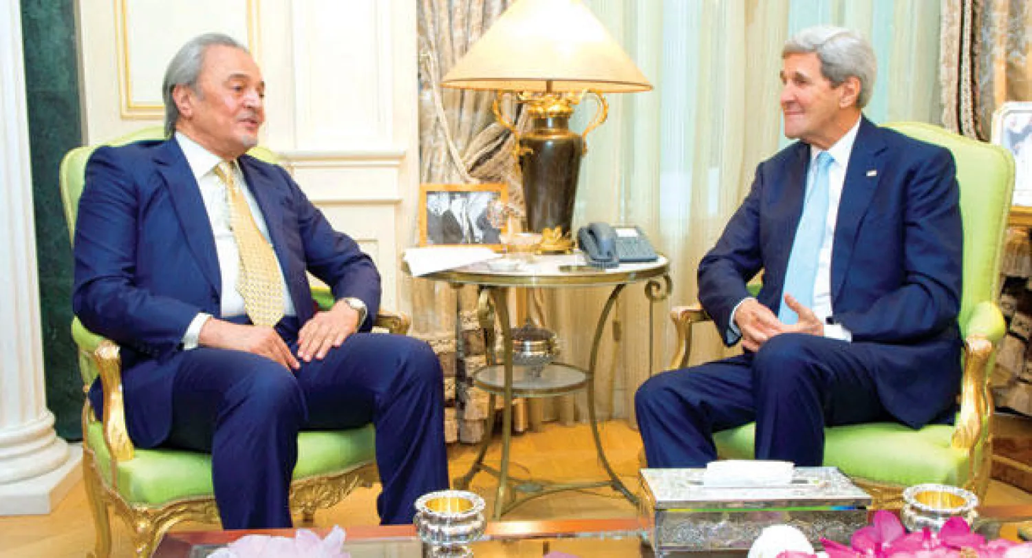 الأمير سعود الفيصل لدى اجتماعه مع جون كيري في باريس أمس ({وزارة الخارجية الأميركية})