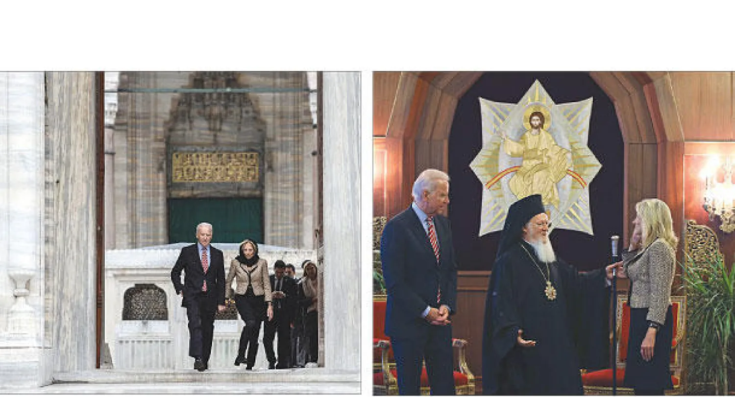 نائب الرئيس الأميركي جو بايدن وزوجته جيل يلتقيان البطريرك الأرثوذكسي برتلماوس الأول .. وخلال زيارتهما للمسجد العثماني الكبير «السليمانية» في إسطنبول أمس (أ.ب)