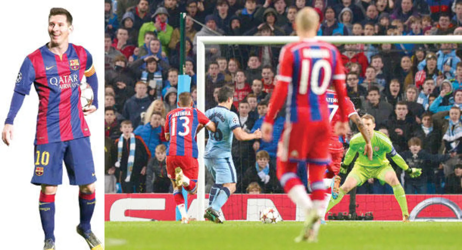 أغويرو نجم مانشستر يونايتد (في الوسط)  يسدد نحو مرمى بايرن ميونيخ ليحرز هدفه الثالث الذي أحيا آمال فريقه (إ.ب.أ)  -  ميسي يحتفظ بالكرة التي أحرز بها ثلاثيته في مرمى أبويل (أ.ف.ب)