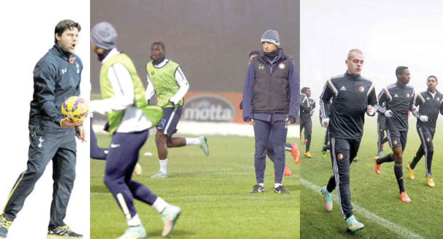 لاعبو فينورد يستعدون لمواجهة إشبيلية حامل اللقب (إ.ب. أ)   -  مانشيني مدرب الإنتر الجديد يتابع استعدادت فريقه لمواجهة أمام دنيبرو بتروفسك الأوكراني (إ.ب.أ)  -  الأرجنتيني بوكيتينو مدرب توتنهام يتطلع لقيادة فريقه للدور الثاني