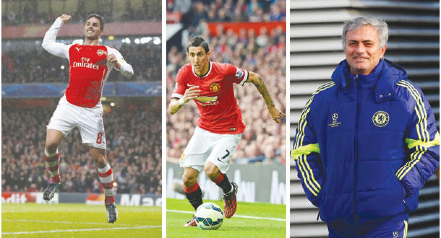 مدرب تشيلسي جوزيه مورينهو (رويترز)  -  مهاجم مانشستر يونايتد دي ماريا  -  قائد آرسنال ميكيل أرتيتا (أ.ف.ب)