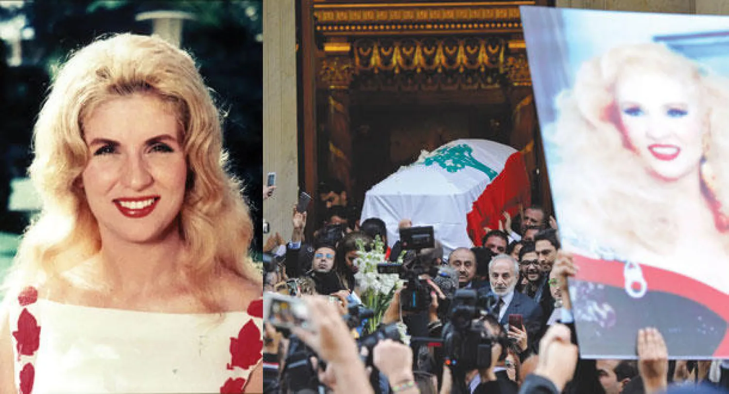 نعش صباح ملفوفا بالعلم اللبناني يدخل كاتدرائية مار جرجس وسط بيروت (إ.ب.أ)  -  صباح في عز تألقها أثناء تصوير فيلم {الأيدي الناعمة} (أ.ف.ب)