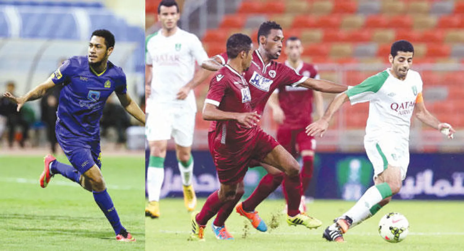 تيسير الجاسم يقود هجمة أهلاوية ضد مرمى الفيصلي (تصوير: عدنان مهدلي)   -  هيرناني يحتفل بهدفه في مرمى هجر أمس (تصوير: عبد العزيز النومان)