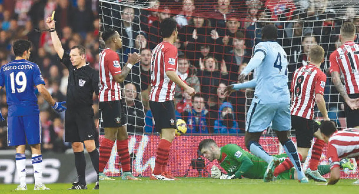 يايا توريه نجم مانشستر سيتي (رقم 42 في الوسط) يراقب تسديدته وهي في طريقها لشباك ساوثهامبتون (رويترز)  -  كوستا هداف تشيلسي يتعرض للإنذار للمرة الخامسة