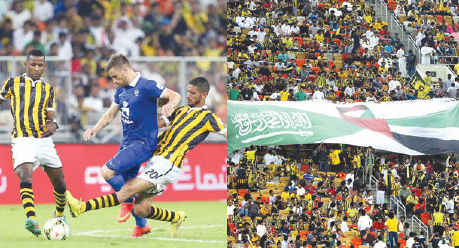 لقطة للعلم الذي رفع في المدرجات احتفالا باليوم الوطني لدولة الإمارات (تصوير: عبد الله بازهير)  -  بنتيلي لاعب الهلال في إحدى الهجمات وسط مضايقة اتحادية (تصوير: عدنان مهدلي)