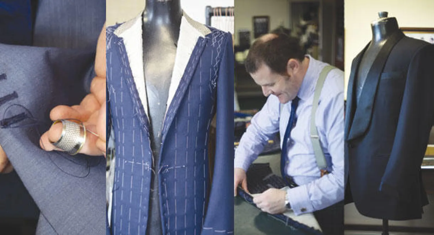 يمكن أن تتعدى بدلة من ديسموند ميريون الـ30 ألف دولار أميركي بسهولة لأنها كل ما فيها منفذ باليد وبأقمشة مترفة  -  ديسموند ميريون يحيك بنفسه جيوب معطف  -  بدلة تنتظر أن يجربها صاحبها قبل إجراء اللمسات الأخيرة عليها  -  كل صغيرة وكبيرة تتم باليد ويشرف عليها ديسموند ميريون بنفسه