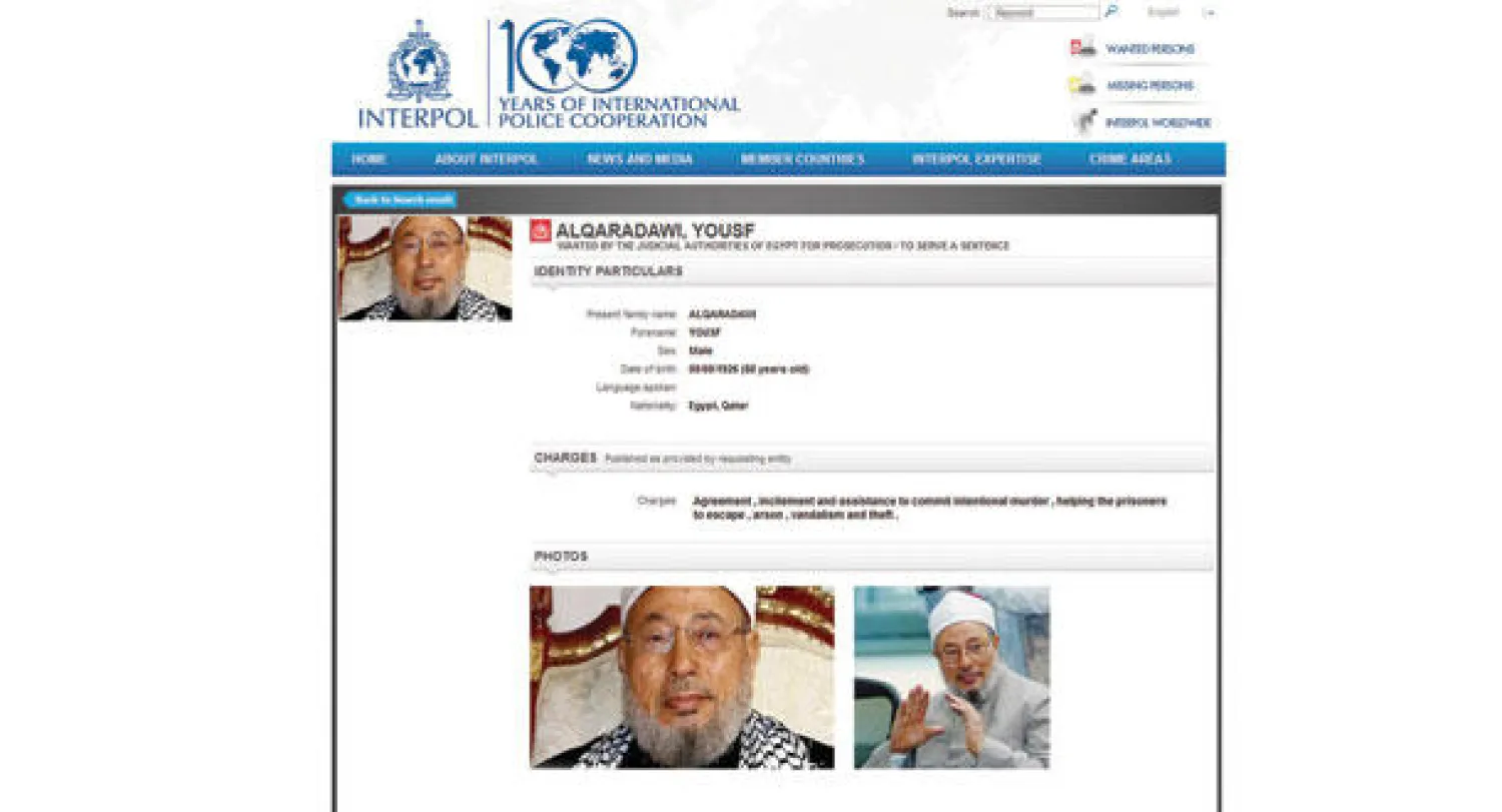القرضاوي مطلوب على صفحة الإنتربول
