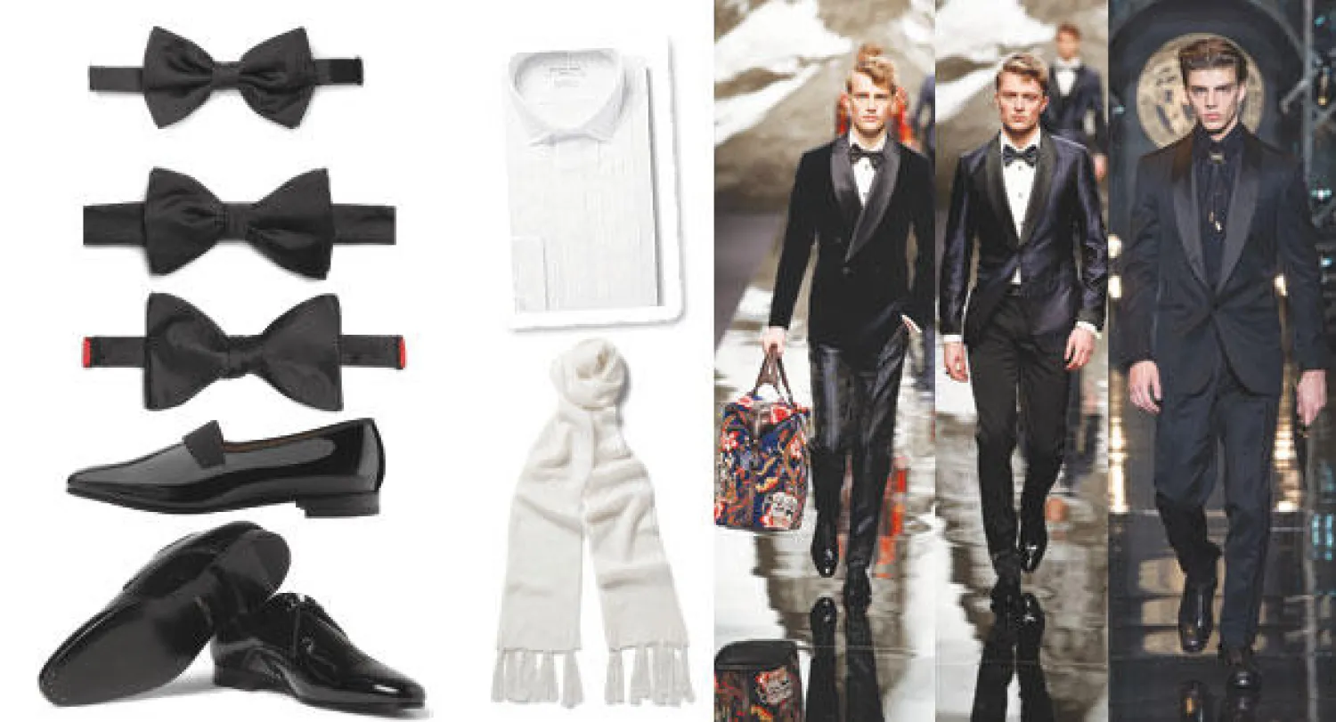 توكسيدو بتصميم كلاسيكي من دار «فرساتشي» لكن القميص الأسود والقلادة التي أخذت محل ربطة العنق يضفيان عليه مظهرا شبابيا ...و المزج بين الأزرق والأسود في السترة منح تصميمها الكلاسيكي جرعة عصرية قوية (من لويس فويتون) .... لويس فويتون .... دولتشي آند غابانا بـ110 جنيهات إسترلينية  ... بروكس آند براذرز بـ55 جنيها إسترلينيا .... من «تيرنبول آند آسر» بـ55 جنيها إسترلينيا