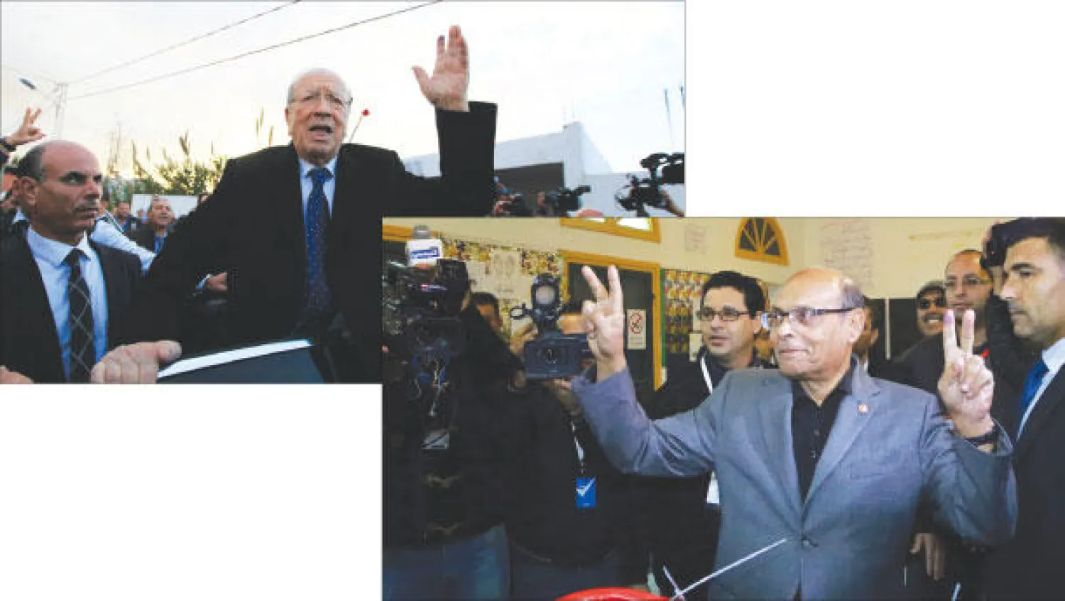 المرشح في انتخابات الرئاسة التونسية المنصف المرزوقي يلوح بإشارة النصر بعد إدلائه بصوته في سوسة أمس (إ.ب.أ)  و الباجي قائد السبسي، رئيس حركة «نداء تونس» المرشح في الانتخابات الرئاسية التونسية التي جرت أمس، يحيي أنصاره بعد إدلائه بصوته في مركز اقتراع بتونس العاصمة أمس (رويترز)