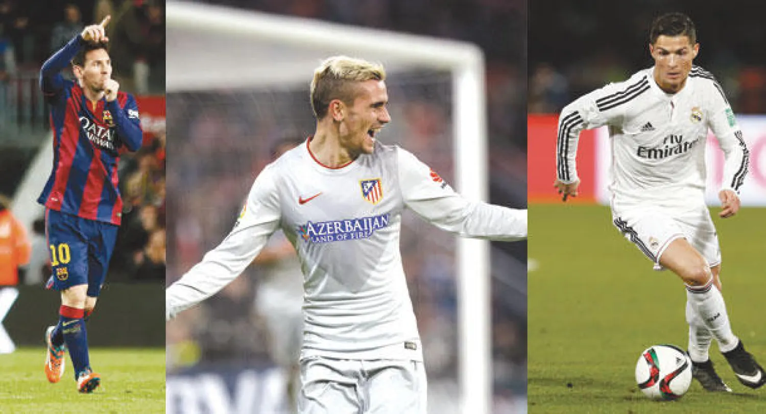 رونالدو حقق رقما قياسيا من الأهداف مع الريال خلال الجولات الـ16 بالدوري  -  غريزمان نجم اتلتيكو يحتفل بثلاثيته في مرمى بلباو التي أبقت فريقه في دائرة المنافسة (رويترز)  -  ميسي حطم العديد من الأرقام القياسية الصامدة بالدوري الإسباني