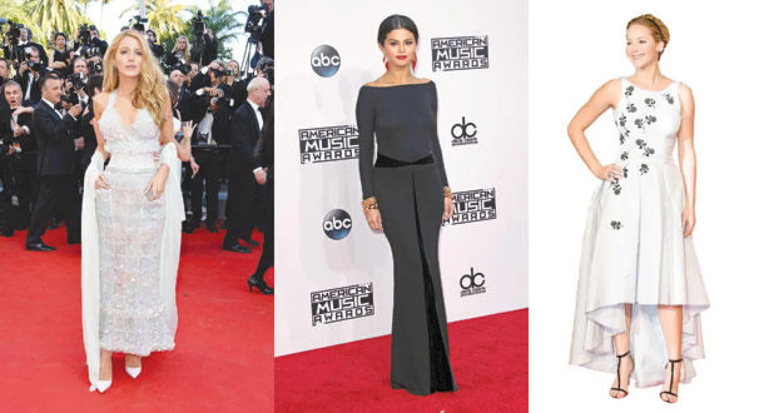 جنيفر لورانس وفستان من ديور  -  سيلينا غوميز وفستان من خط «بريفيه» لجيورجيو أرماني  -  بلايك لايفلي وفستان من شانيل (هوت كوتير ربيع وصيف 2014)