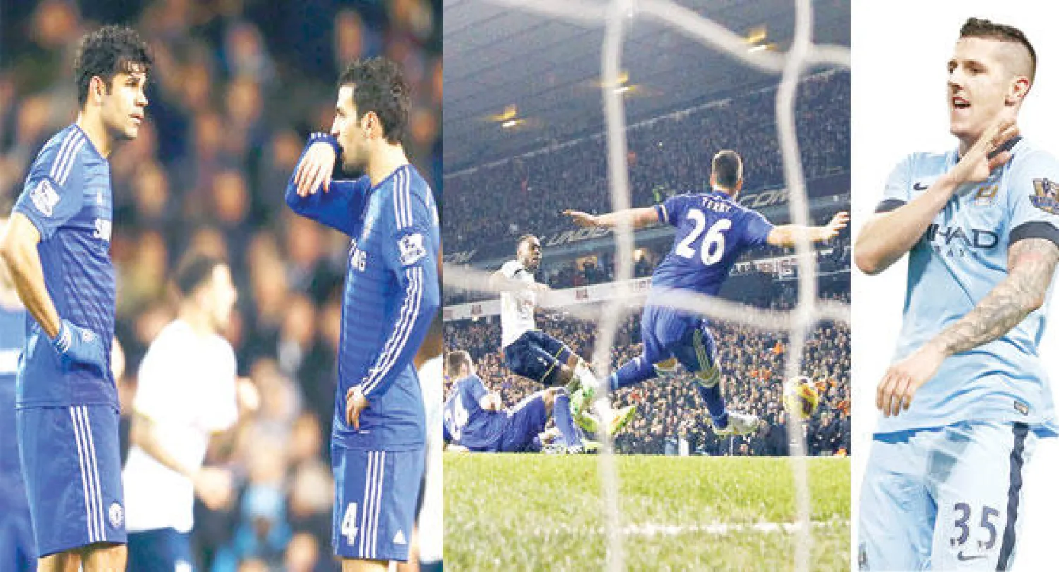 يوفيتيتش لاعب مانشستر سيتي يحتفل بهدفه في سندرلاند (أ.ف.ب)  -  تيري مدافع تشيلسي في محاولة يائسة للتصدي لأحد الأهداف الخمسة التي ولجت مرماهم (رويترز)  -  فابريغاس وكوستا وتبدو عليهما ملامح الصدمة بعد الهدف الرابع لتوتنهام (رويترز)
