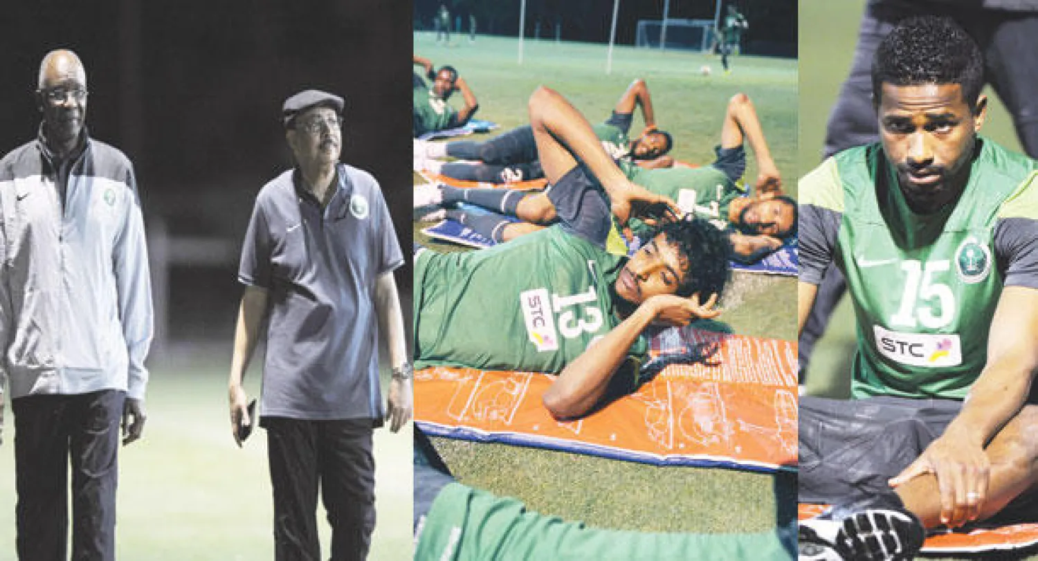 ناصر الشمراني لم يشارك أمس بسبب {عضلات البطن}  -  جانب من تدريبات اللياقة أمس للاعبي الأخضر  -  أحمد عيد والمرزوقي خلال حضورهما التدريبات أمس