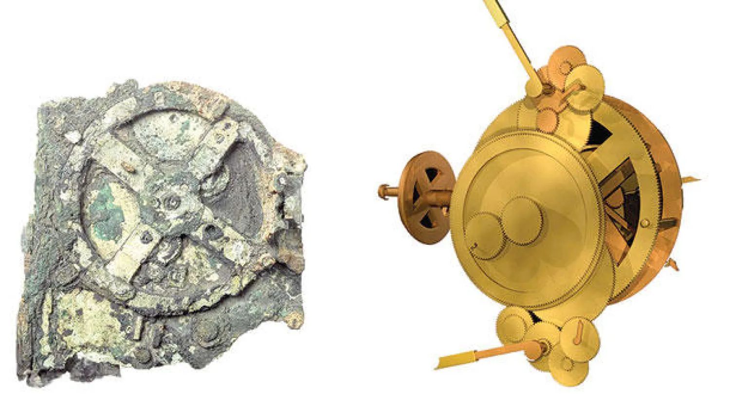 أجزاء من آلة الـ«أنتيكيثيرا» (إلى اليسار) خضعت لدراسة العلماء بعد تعريضها للأشعة السينية فيما تبدو إلى اليمين الصورة التي وضعها الكومبيوتر للآلة