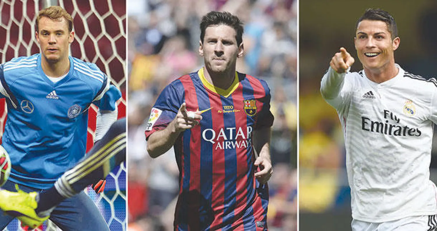 رونالدو وميسي ونوير الثلاثي المتنافس على الكرة الذهبية (أ.ف.ب)