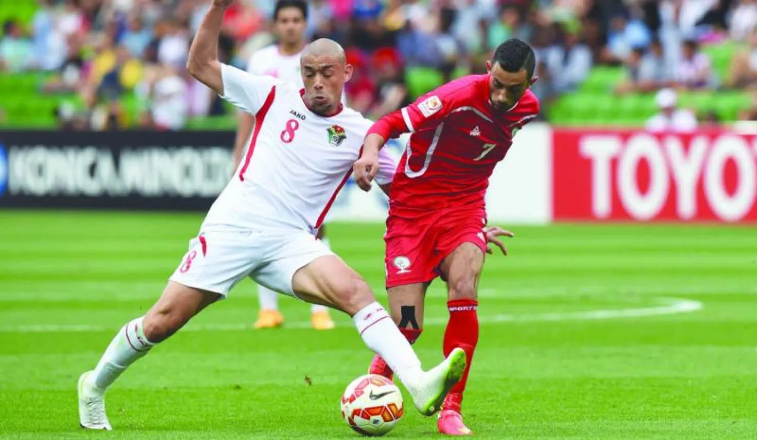 من مباراة المنتخب الأردني ونظيره الفلسطيني في البطولة الآسيوية