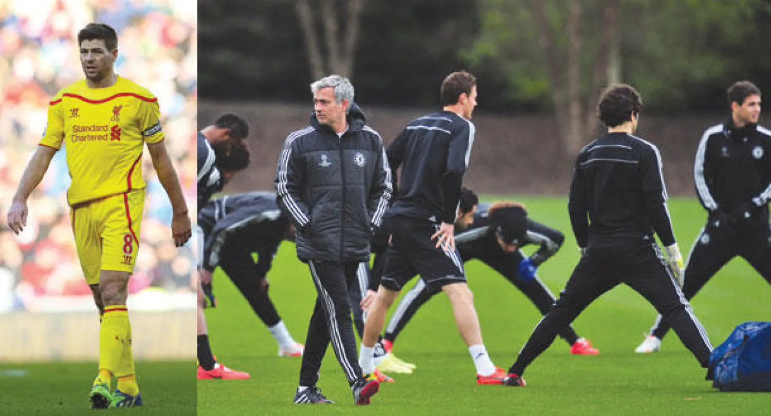 مورينهو يقود تدريبات تشيلسي وموجها رسالة إلى جماهير فريقه باحترام جيرارد (أ.ف.ب)  -  جيرارد يتطلع لقيادة ليفربول لتحقيق الفوز اليوم