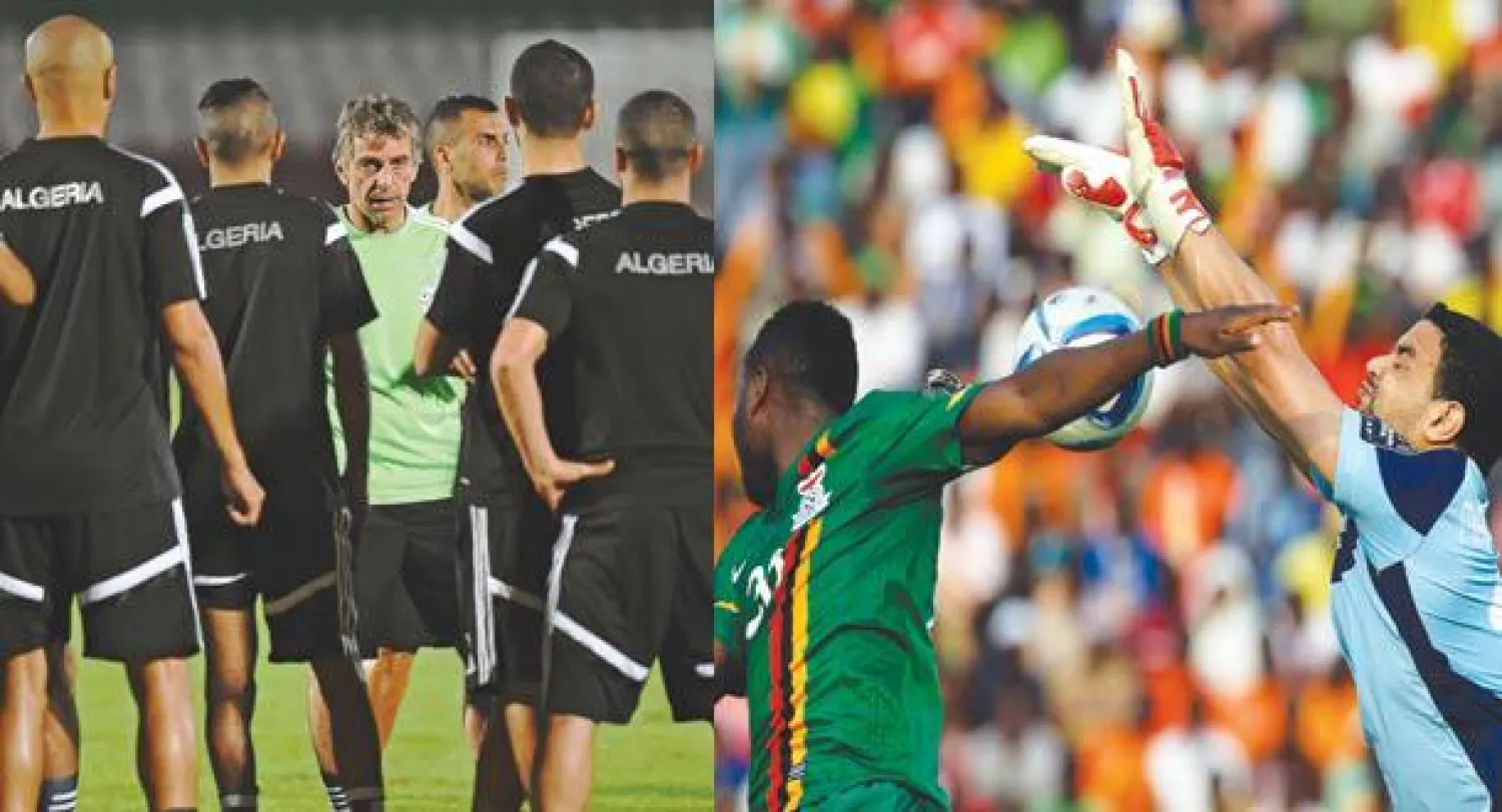 المثلوثي حارس تونس يحاول إبعاد الكرة قبل أن تصل لرأس الزامبي مايوكا (أ.ب)  -  جوركيف مدرب الجزائر في الوسط يلقي بتعليماته على اللاعبين قبل المواجهة الهامة مع غانا (أ.ف.ب)