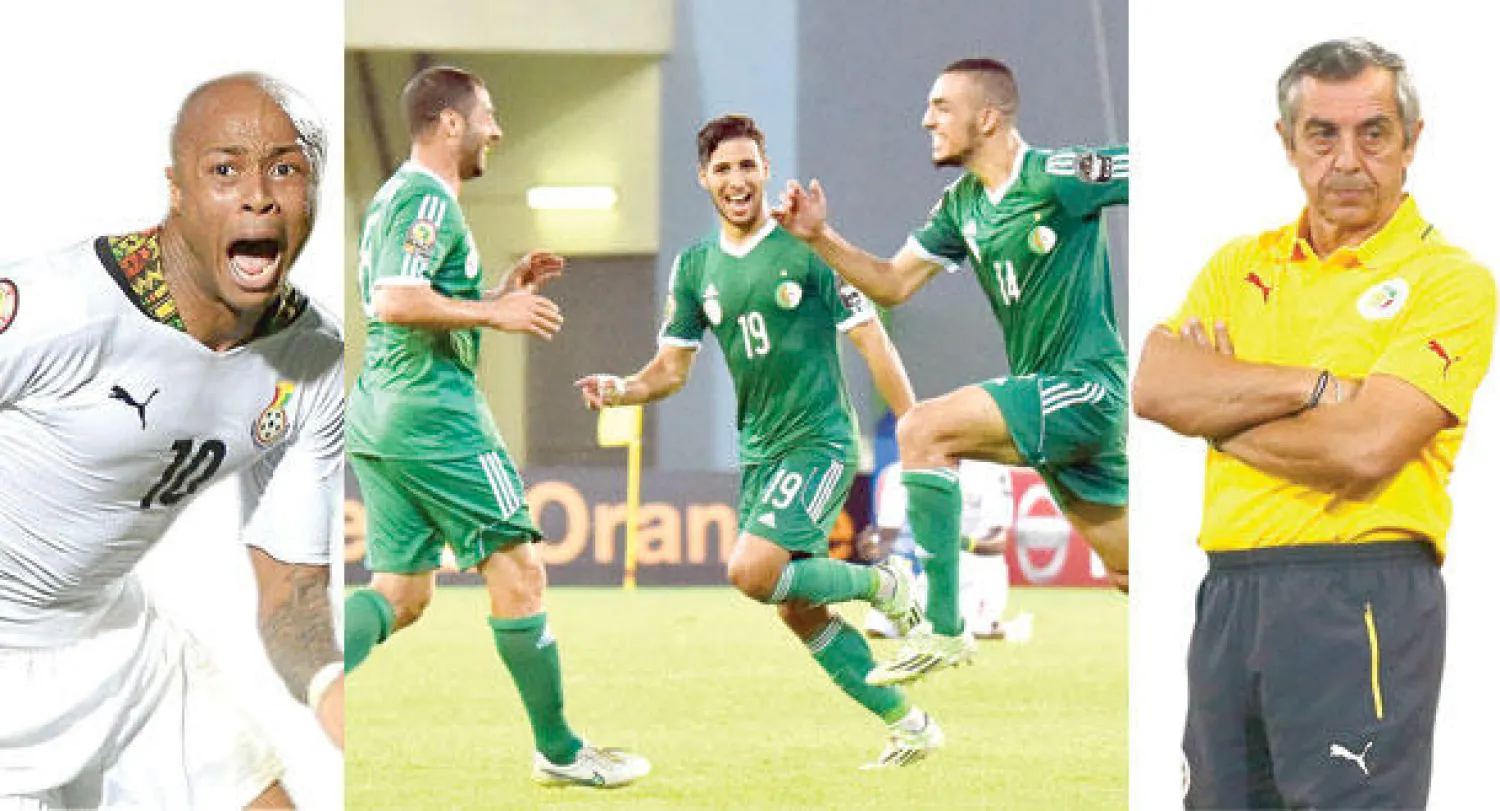الهزيمة أمام الجزائر أنهت مشوار جيريس مدرب السنغال  -  بن طالب نجم الجزائر (يمين) ينطلق فرحا للاحتفال مع زملائه بهدفه في مرمى السنغال (أ.ف.ب)  -  أيو نجم غانا يصرخ احتفالا بهدفه في مرمى جنوب أفريقيا (أ.ف.ب)