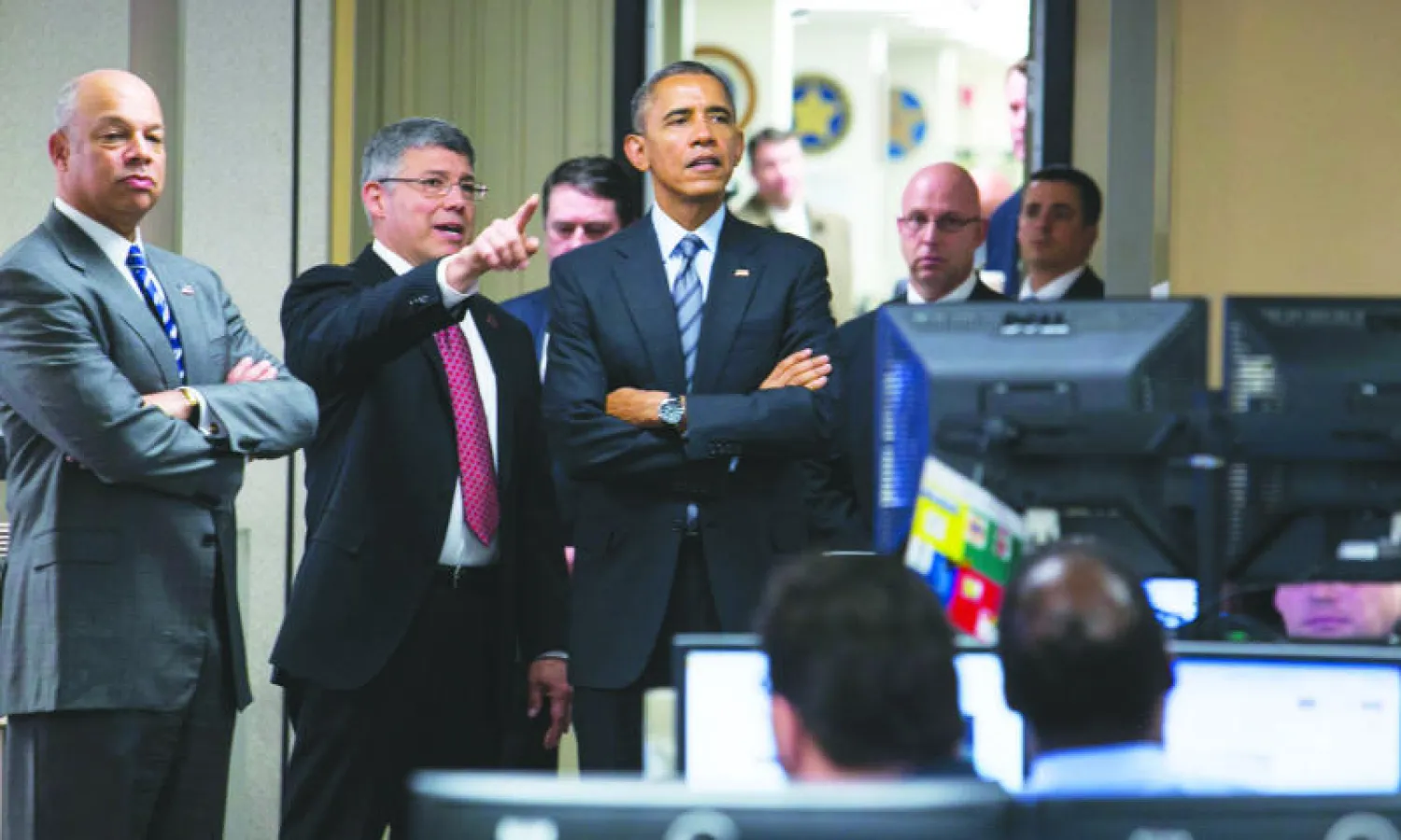 أوباما خلال زيارته لوزارة الأمن الداخلي التى كشف خلالها عن الموازنة الجديدة (إ.ب.أ)