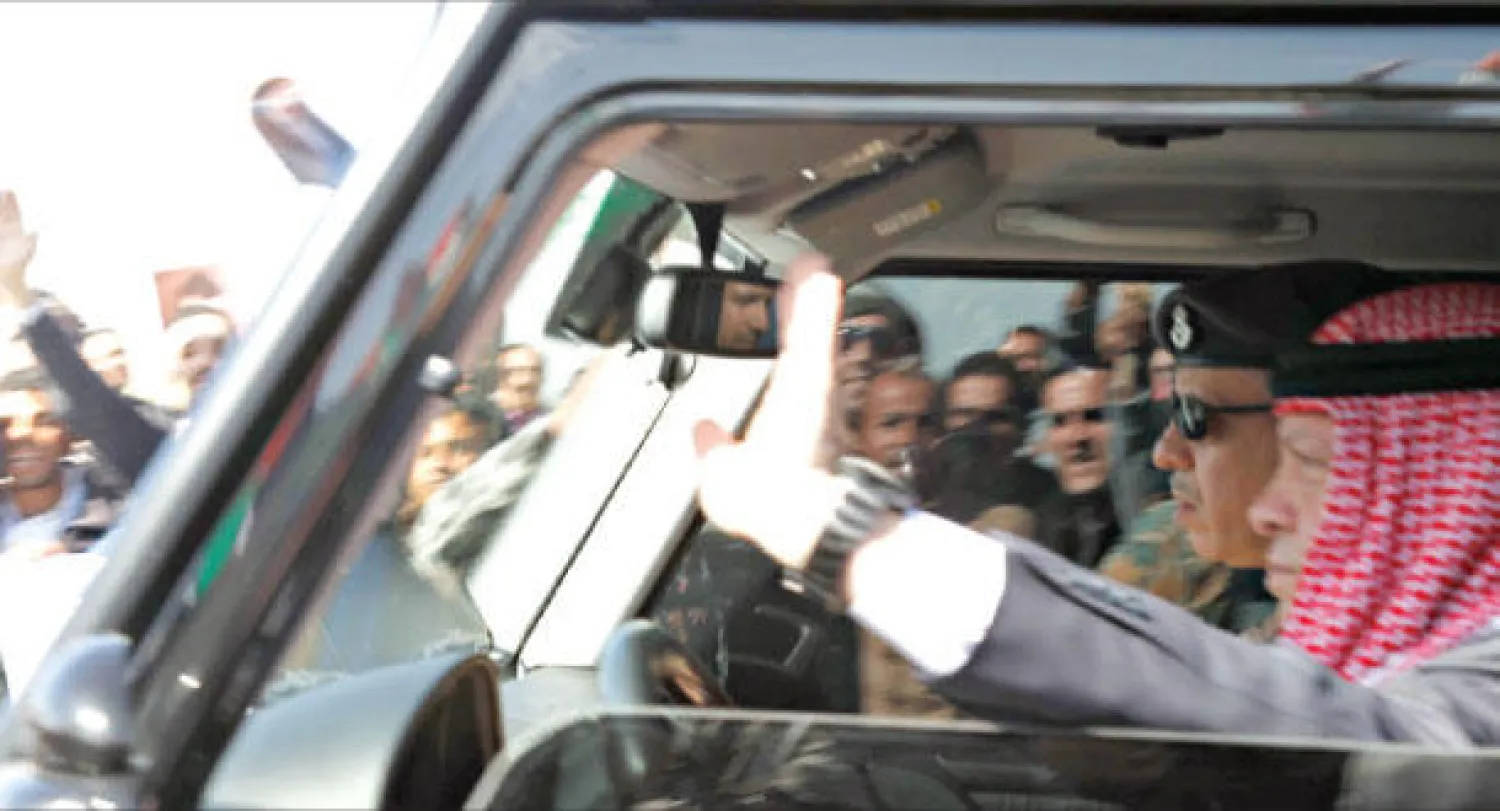 العاهل الأردني الملك عبد الله الثاني لدى وصوله إلى الأردن قادما من الولايات المتحدة أمس (رويترز)