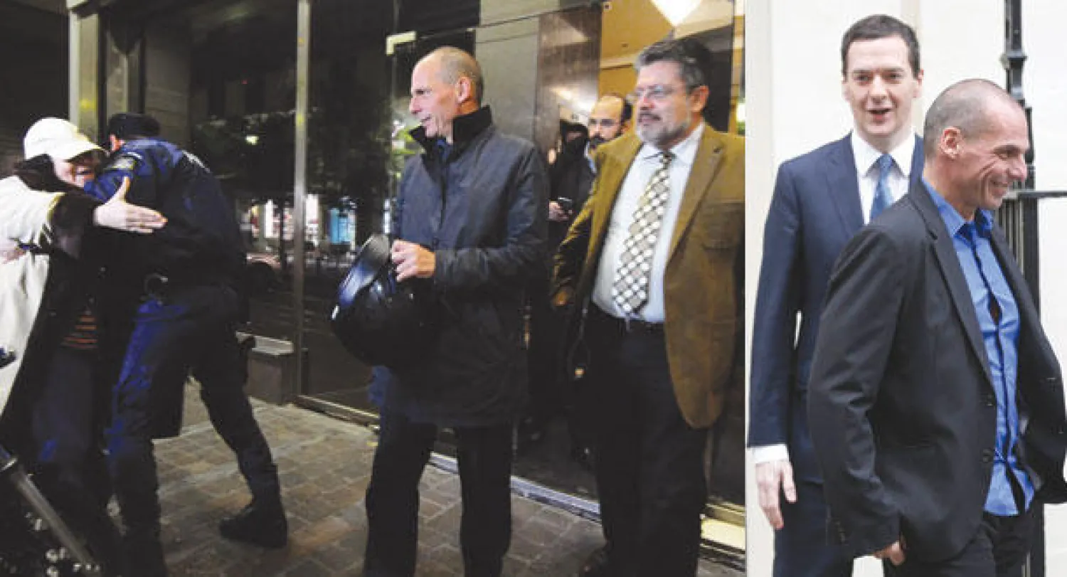 وزير المالية البريطاني جورج أوزبورن خلال مقابلته نظيره اليوناني يانيس فاروفاكيس في لندن (رويترز)  -  لقطات لوزير المالية اليوناني يانيس فاروفاكيس مرتديا أزياء معاصرة دون ربطة عنق أو التزام بالبروتوكول