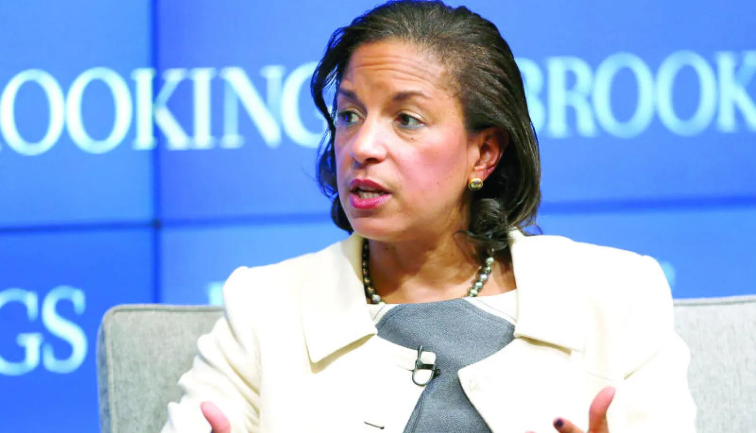 سوزان رايس تتحدث حول استراتيجية الأمن القومي الجديدة في معهد بروكينغز بواشنطن مساء أول من أمس (رويترز)
