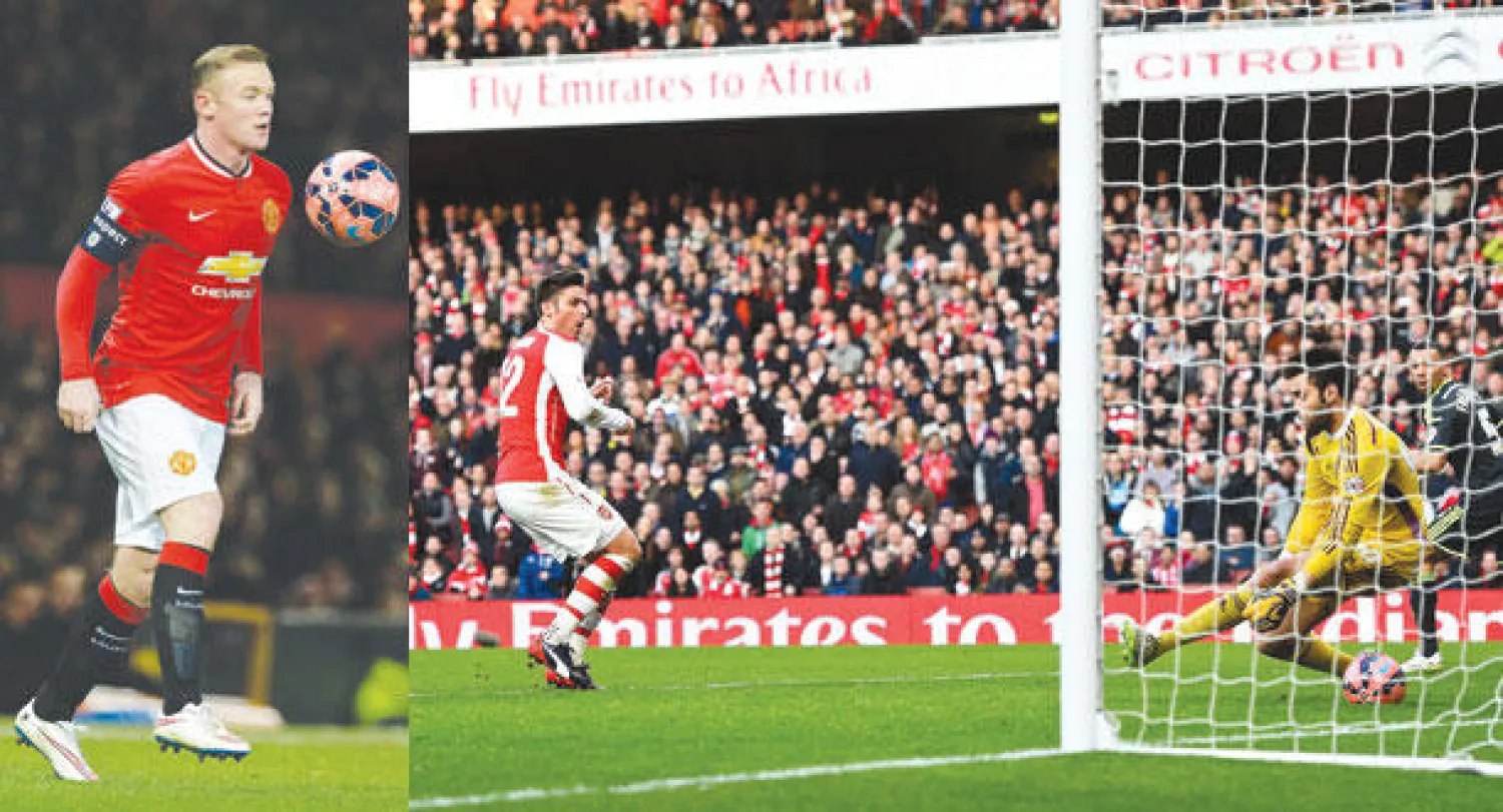 جيرو مهاجم آرسنال (يسار) يتابع تسديدته وهي في طريقها لشباك حارس ميدلسبره(رويترز)  -  ويني روني في {يونايتد}