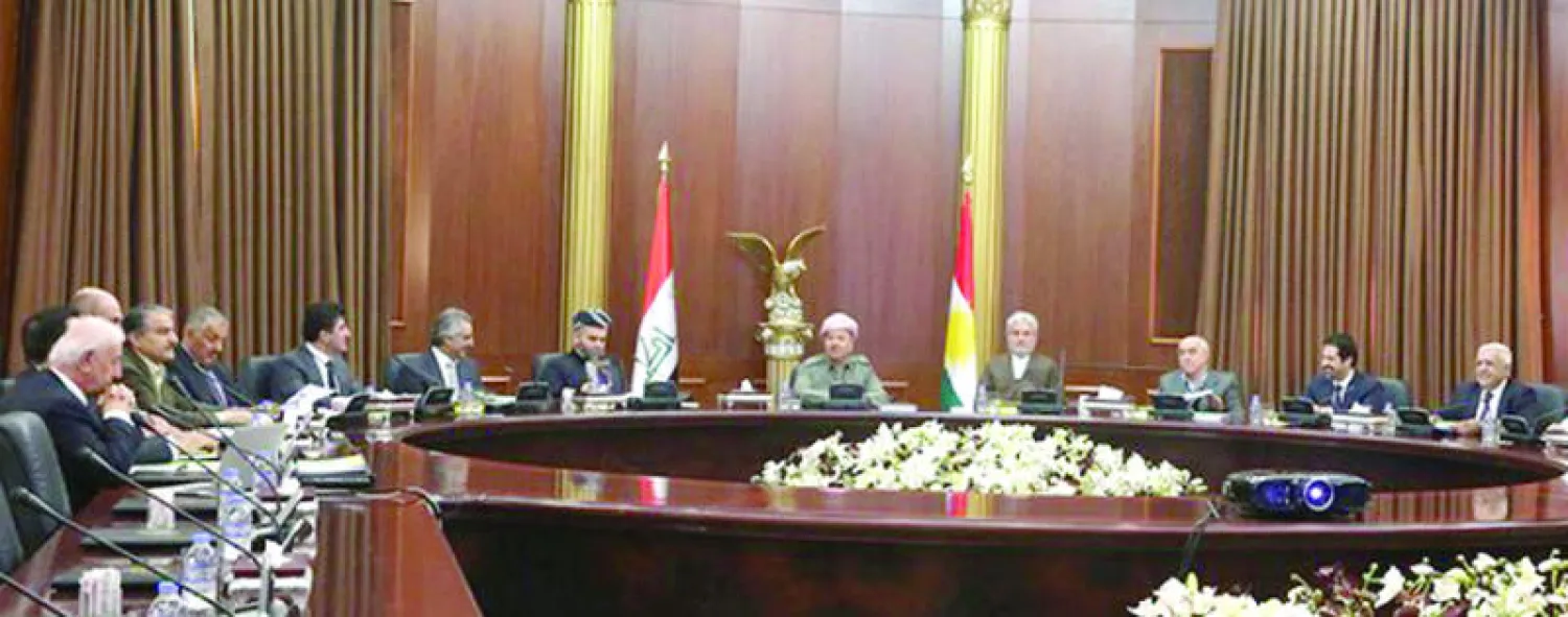 رئيس إقليم كردستان خلال اجتماعه مع الأحزاب الكردية في أربيل أمس («الشرق الأوسط»)