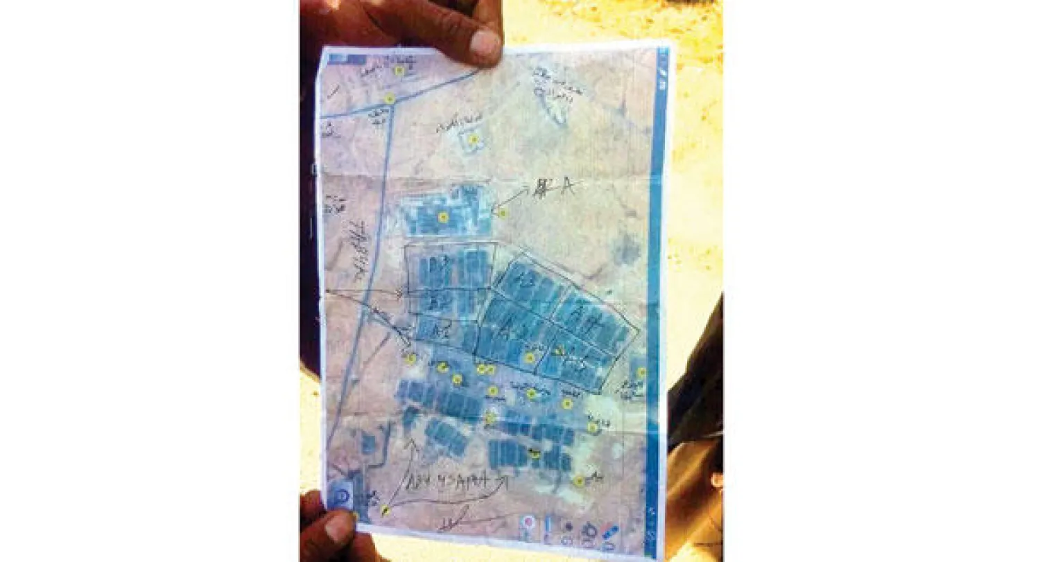 خريطة عثر عليها في جيب أحد قتلى «داعش» تبين خطة التنظيم المتطرف للتسلل مجددا إلى ناحية البغدادي («الشرق الأوسط»)