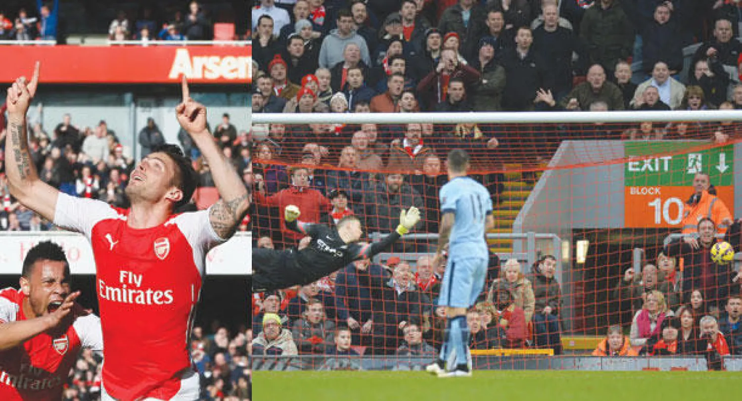 جو هارت حارس سيتي في محاولة فاشلة لمنع تسديدة كوتينيو نجم ليفربول من دخول شباكه (أ.ف.ب)  -  جيرو نجم ارسنال يحتفل بهدفه في مرمى ايفرتون (رويترز)