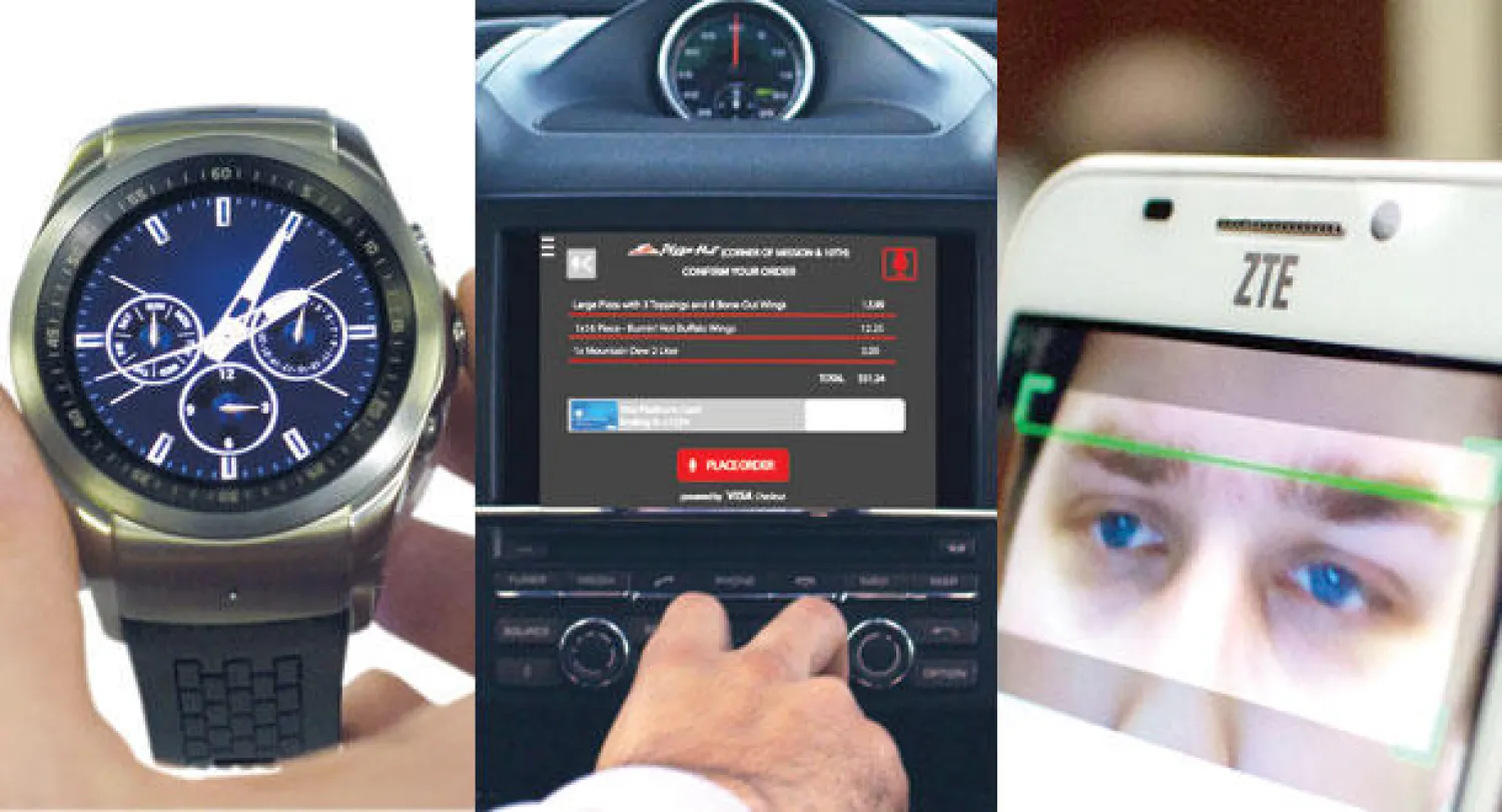 هاتف «غراند إس 3» من «زد تي إي» يتعرف على «بصمة العين»  -  نظام فيزا للدفع الإلكتروني في السيارات  -  ساعة إرباين الذكية من إل جي (أ.ف.ب)