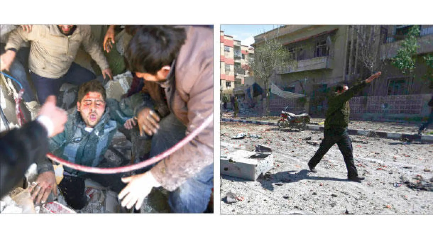 سوريون يتفقدون موقعا قصفته قوات النظام السوري في دوما بالغوطة الشرقية قرب العاصمة دمشق أمس (رويترز)، محاولات لإنقاذ رجل من تحت الأنقاض جراء غارة جوية شنتها القوات الموالية 
لبشار الأسد في دوما أمس (رويترز)