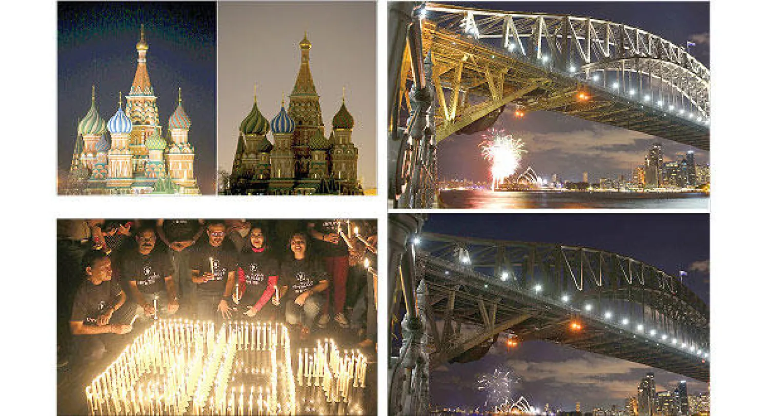 كاتدرائية القديس باسيل في الميدان الأحمر بموسكو  و جسر ميناء سيدني أطفأ أنواره أمس بمناسبة ساعة الأرض و أعضاء صندوق حماية الحياة البرية في الهند يشاركون بإضاءة الشموع (إ.ب.أ)