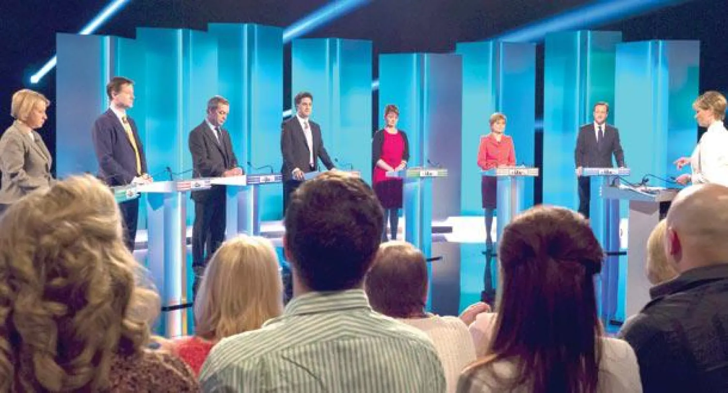 جانب من مناظرة الانتخابات البريطانية التي تمت بين رؤساء الأحزاب في مانشستر بشمال إنجلترا الليلة قبل الماضية («رويترز»)