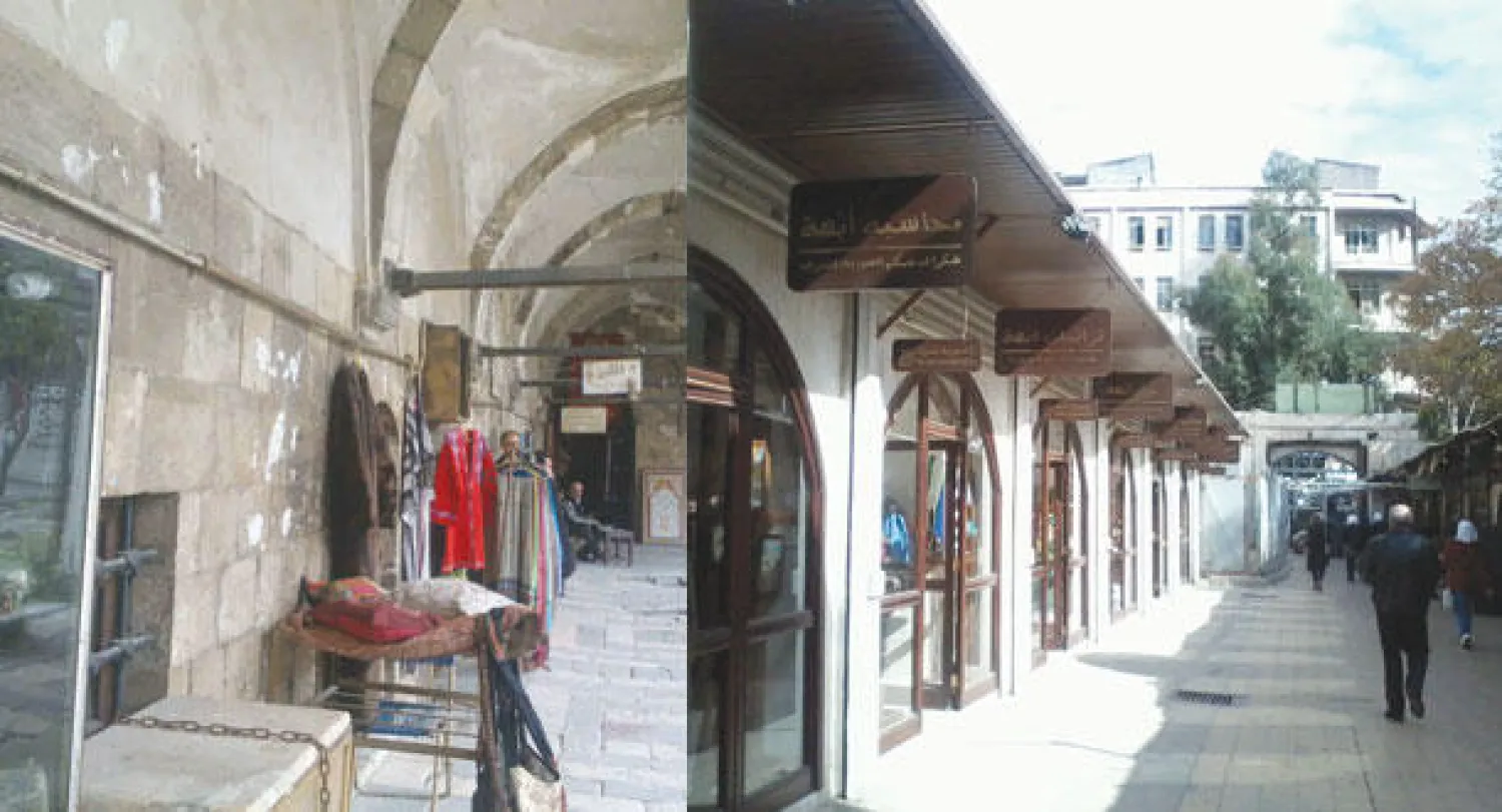 مدخل سوق المهن اليدوية الدمشقية الرئيسي حيث تبدو دكاكين مشروع أبهة الأهلي للحرف اليدوية («الشرق الأوسط»)  -  سوق المهن اليدوية حزينة كحجارتها المتهالكة