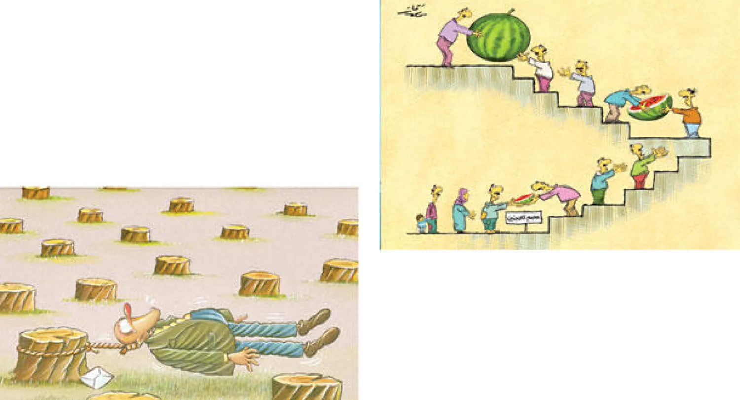 كاريكاتير الإيراني حاميد صوفي عن القطع الجائر للأشجار، وكاريكاتير السوري موفق قات عن معاناة اللاجئين السوريين