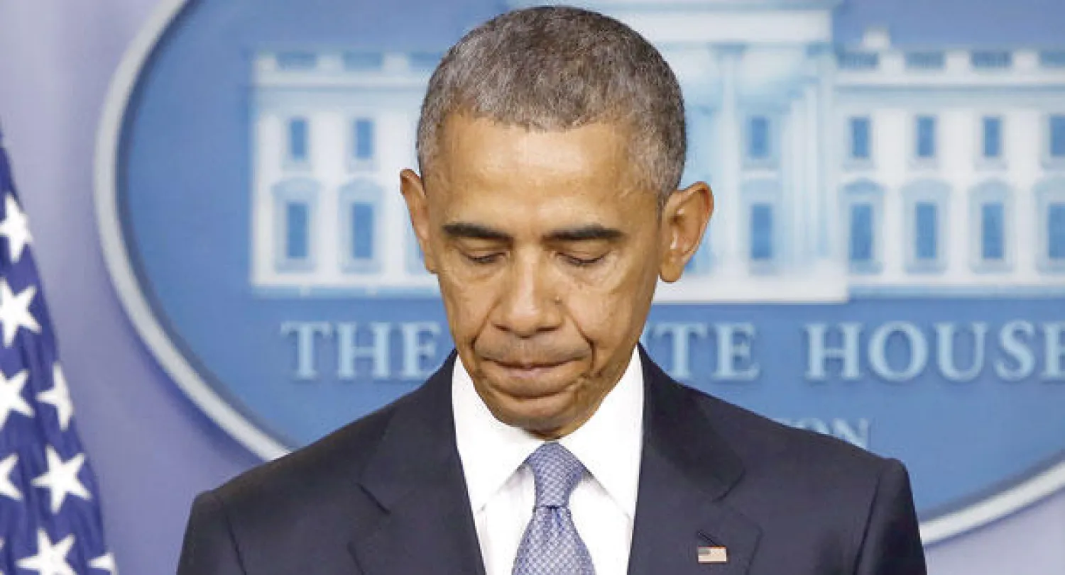 الرئيس الأميركي باراك أوباما خلال إعلانه أمس عن مقتل رهينتين عن غير قصد أحدهما أميركي والآخر إيطالي كان يحتجزهما تنظيم القاعدة منذ سنوات في منطقة الحدود بين باكستان وأفغانستان في عملية أميركية لمكافحة الإرهاب يناير الماضي («الشرق الأوسط»)