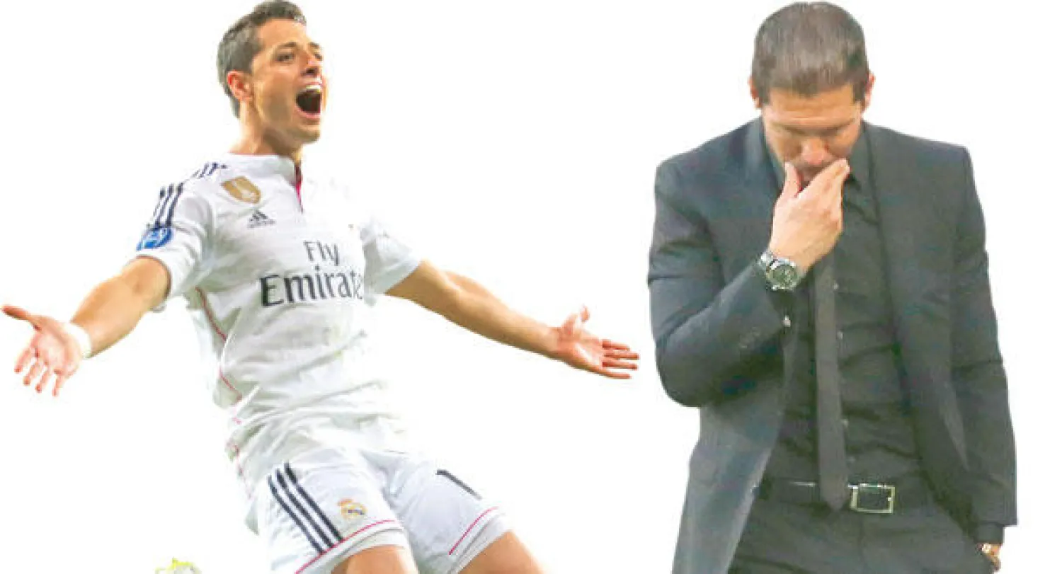 الهزيمة على ملامح سيميوني مدرب أتلتيكو (رويترز)، هيرنانديز يحتفل بهدفه الذي قاد الريـال لقبل النهائي (أ.ب)