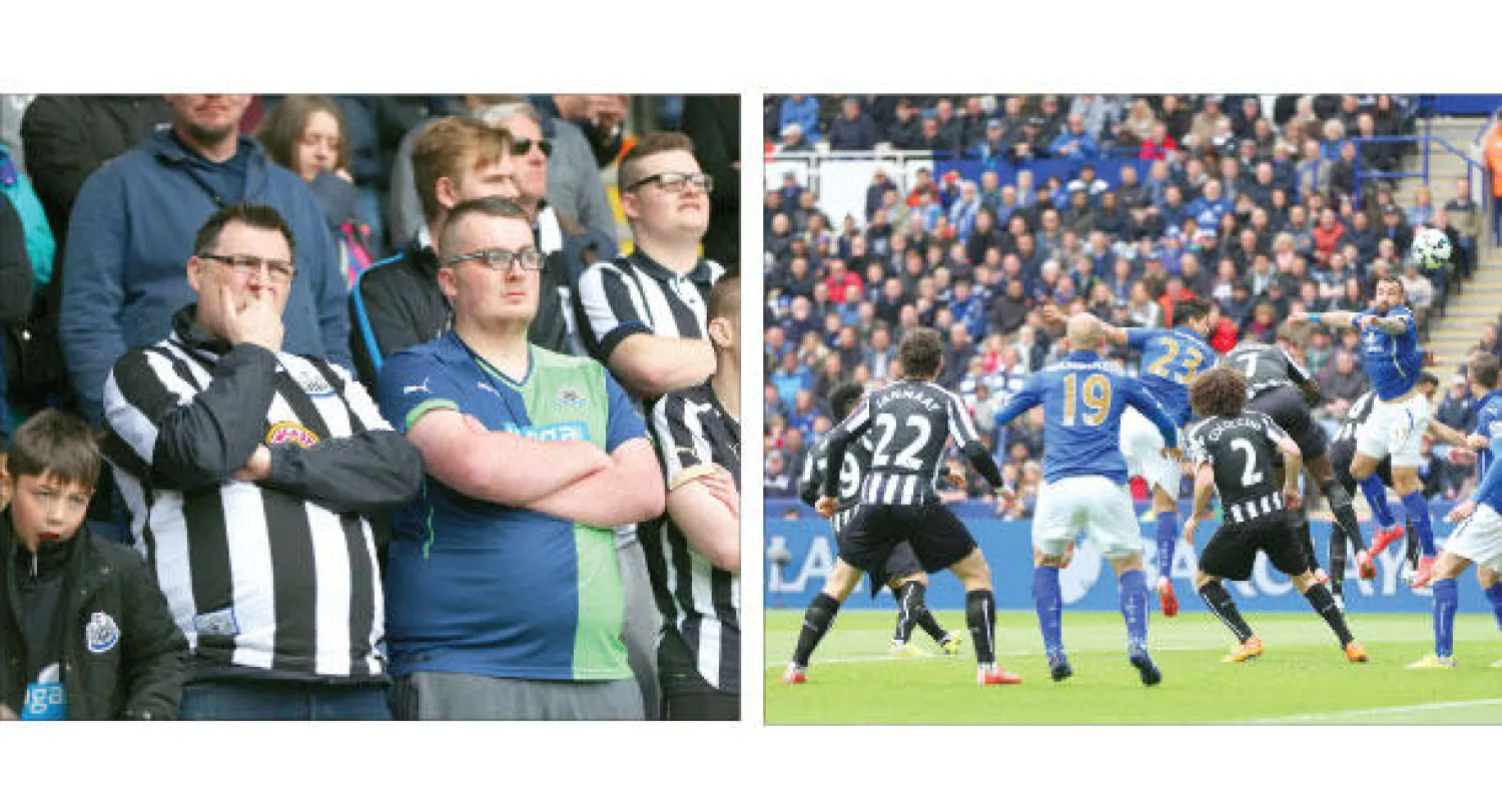 رأسية ليوناردو أولوا تضع ليستر في المقدمة (رويترز)، مشجعو نيوكاسل أمس (رويترز)