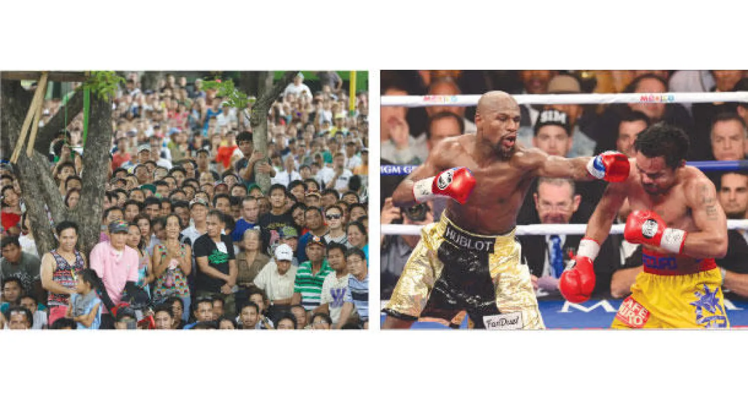 مايويذر (يسار) كان أكثر دقة في توجيه اللكمات لمنافسه باكياو (أ.ف.ب)، الفلبينيون تجمعوا بالآلاف في الساحات والمقاهي لمتابعة المواجهة على شاشات عملاقة (أ.ب)