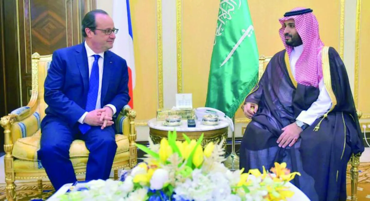 الأمير محمد بن سلمان لدى لقائه الرئيس الفرنسي أمس (واس)