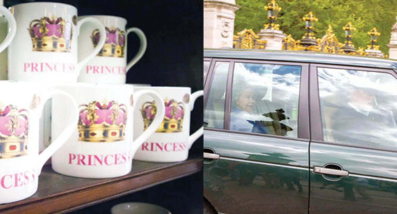 الملكة إليزابيث الثانية لحظة وصولها إلى قصر كنزينغتون (تصوير: جيمس حنا)  -  أكواب عليها التاج الملكي وكلمة {الأميرة} بمناسبة المولودة الملكية