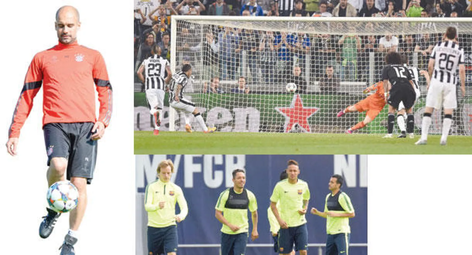 تيفيز (الثاني من اليسار) يسجل من ركلة الجزاء ليرجح كفة يوفنتوس على الريال في لقاء الذهاب (إ.ب.أ)  -  نيمار وأدريانو وراكيتيتش يتقدمون لاعبي برشلونة خلال التدريبات استعدادا لمواجهة البايرن (أ.ف.ب)  -  غوارديولا يعود بحنين لمعقله القديم منافسا لفريقه السابق (أ.ف.ب)