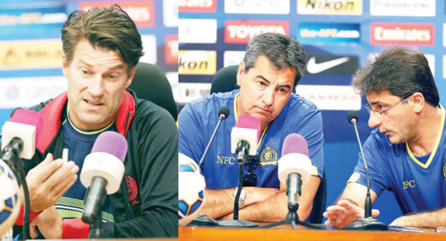 مدرب النصر خلال المؤتمر الصحافي أمس (تصوير: المركز الإعلامي بنادي النصر)  -  لاودروب شدد على أهمية التعادل اليوم بالنسبة لفريقه لخويا القطري (تصوير: المركز الإعلامي بنادي النصر)