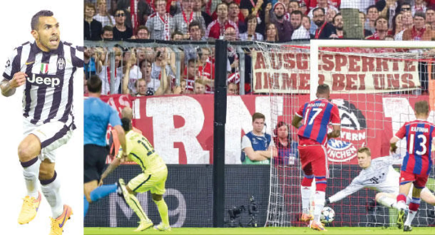 نيمار نجم برشلونة (يسار) يسدد محرزًا هدفه الثاني الذي قضى على آمال البايرن (أ.ف.ب)  -  تيفيز ورقة يوفنتوس الرابحة (أ.ف.ب)