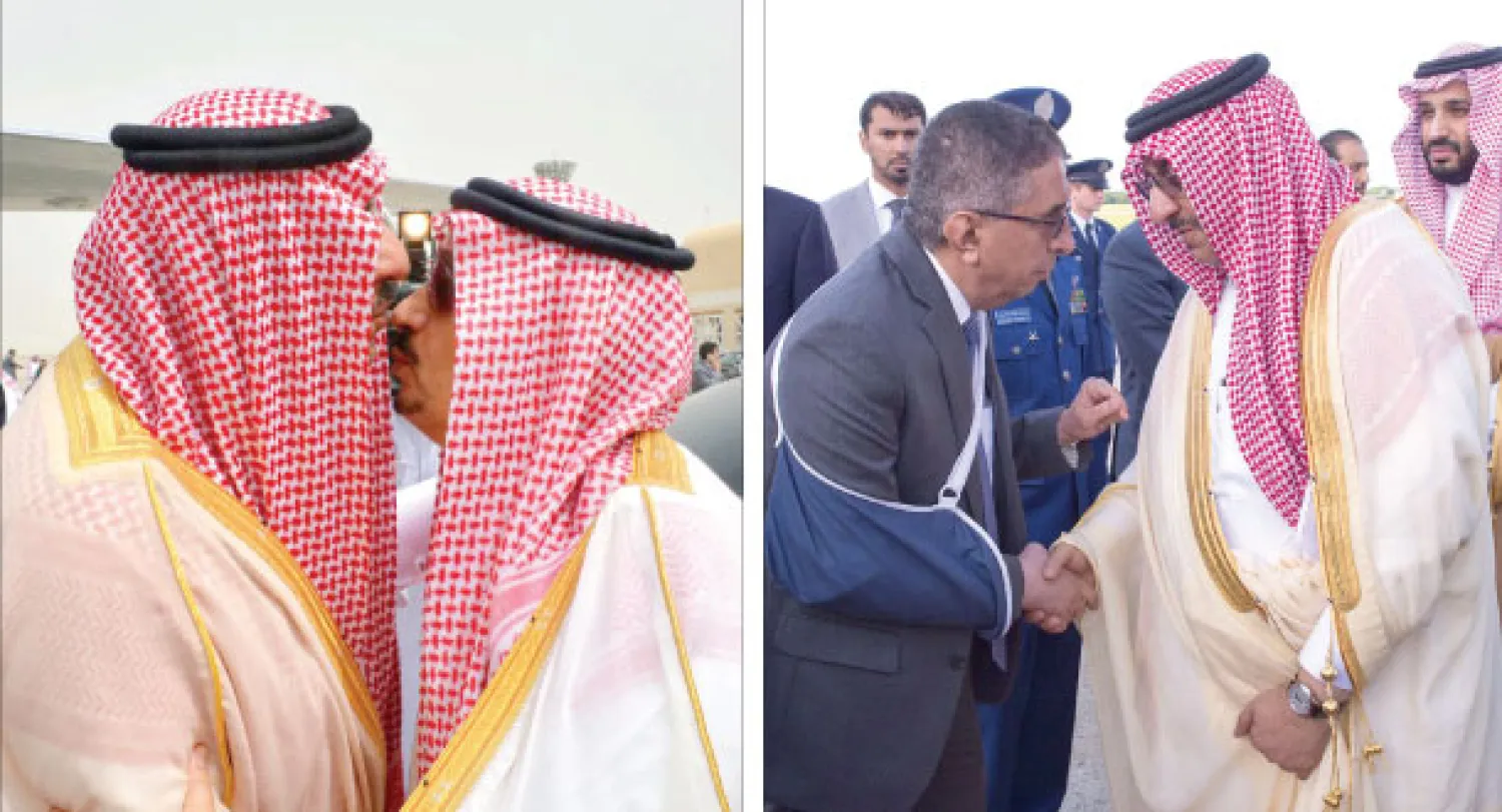 ولي العهد لدى مغادرته واشنطن ويبدوفي الصورة ولي ولي العهد الأمير محمد بن سلمان، و الأمير فيصل بن بندر لدى استقباله ولي العهد السعودي (واس) 