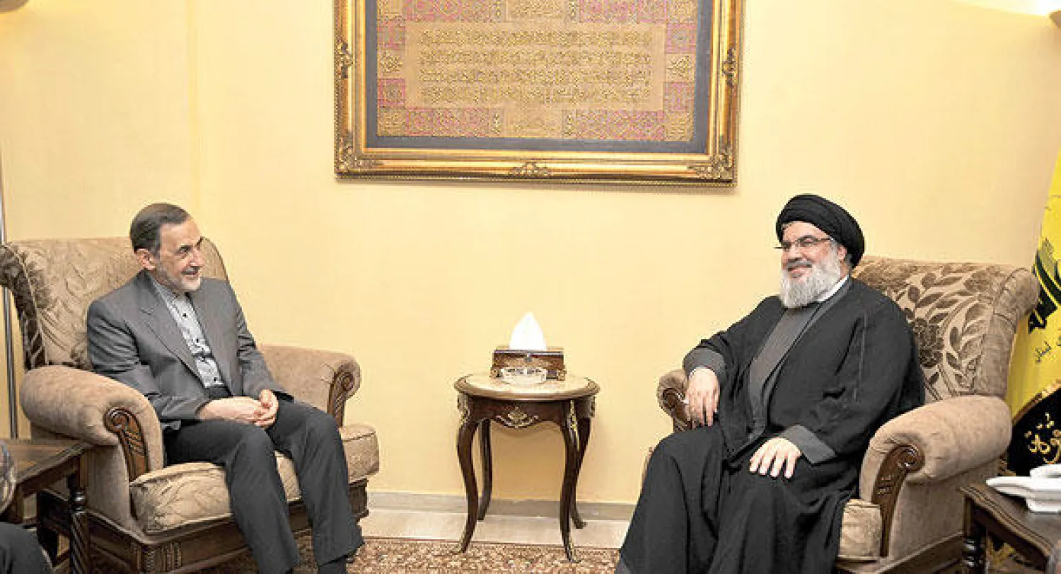 حسن نصر الله الأمين العام لحزب الله استقبل في بيروت أول من أمس  علي أكبر ولايتي مستشار المرشد الأعلى للثورة الإسلامية (أ.ف.ب)