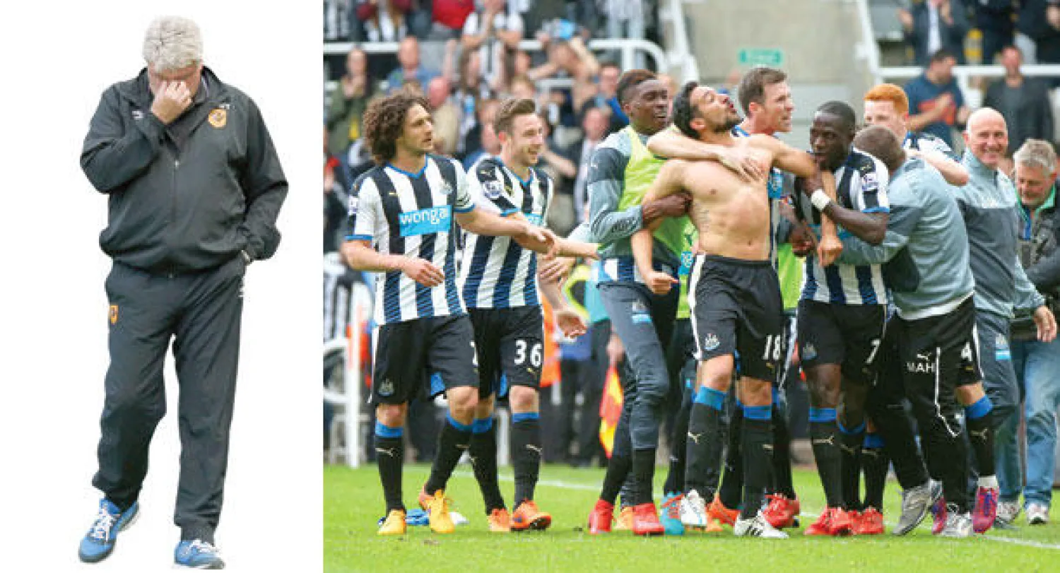 لاعبو نيوكاسل يحتفلون بهدف غوتييريس (الذي خلع قميصه) والذي أمن الفوز على وستهام وضمان البقاء  (أ.ب)  -  علامات الحسرة على بروس مدرب هال بعد الهبوط (رويترز)