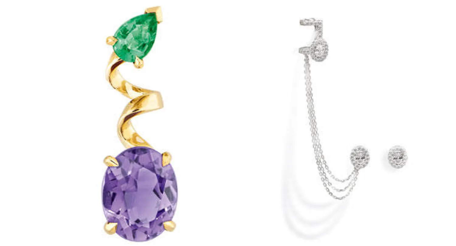 أقراط «روك أمازون» من «ميسيكا» من الماس، و أقراط مرصعة بالجمشت والزمرد من مجموعة «ديوراما بريسيوز» من «ديور»